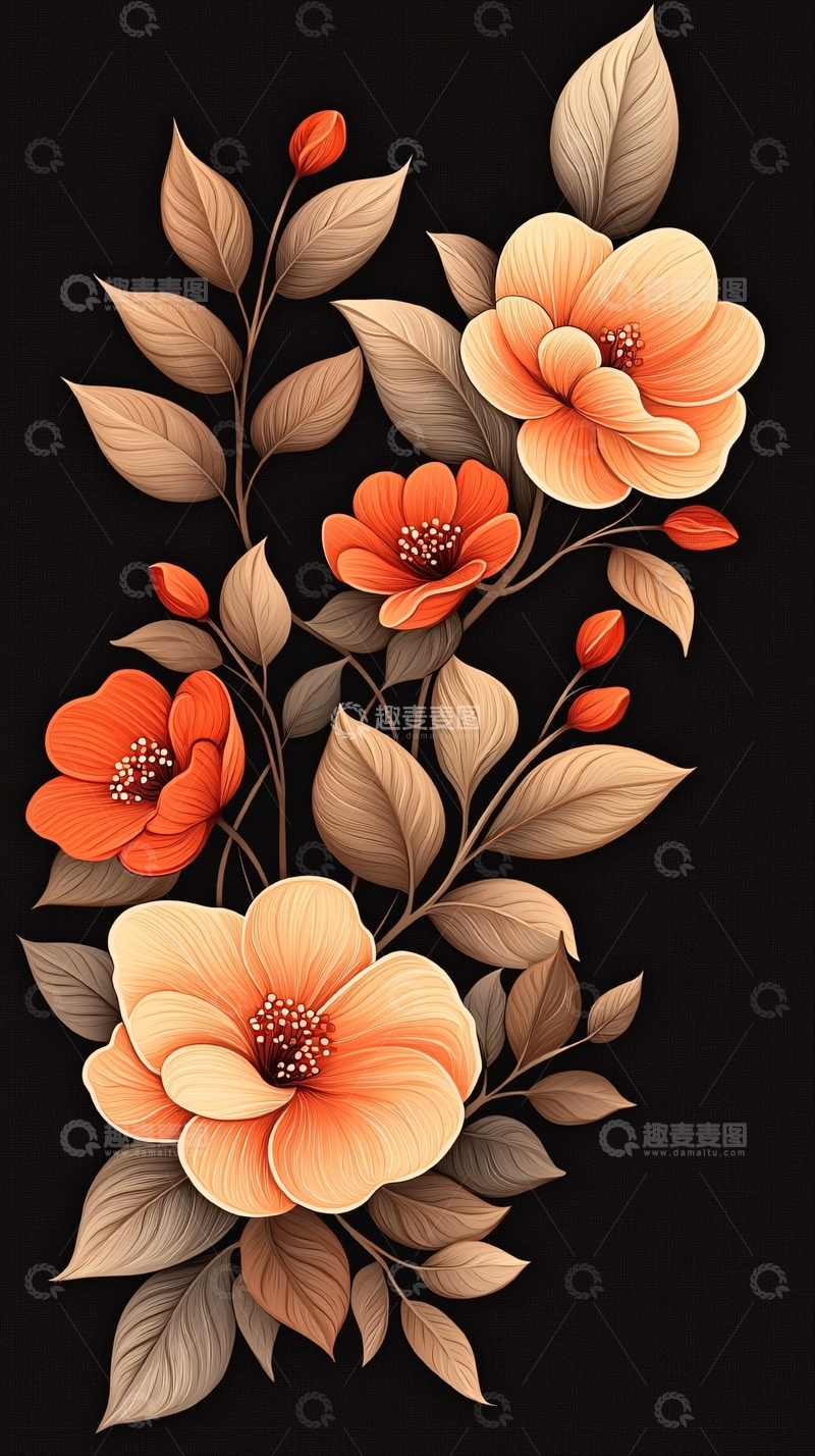高清大图下载【趣麦麦图】橙色花卉艺术插画背景