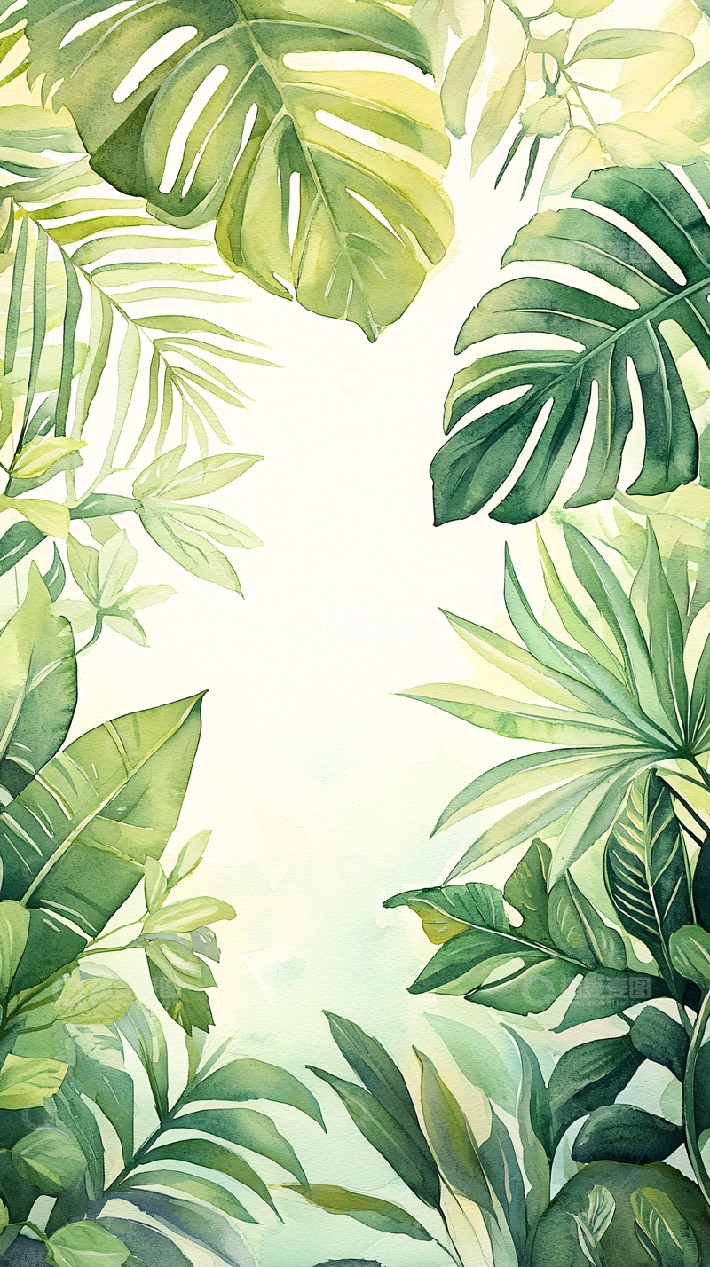 高清大图下载【趣麦麦图】热带植物水彩画背景图