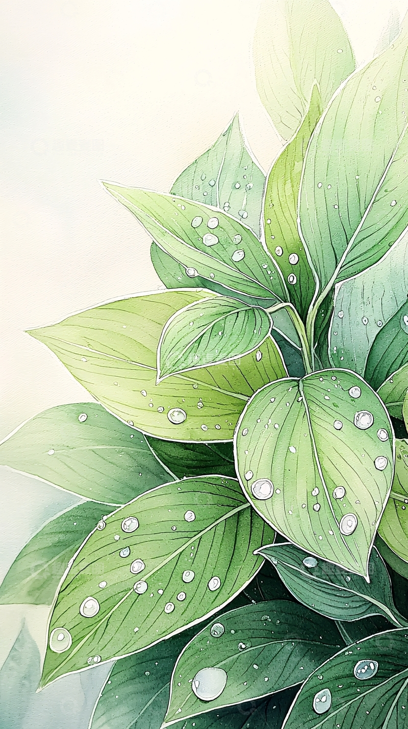 高清大图下载【趣麦麦图】清新雨后植物叶子插画