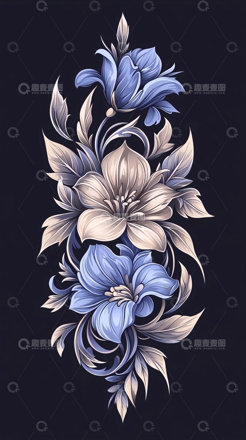 高清大图下载【趣麦麦图】蓝色花卉纹身图案设计