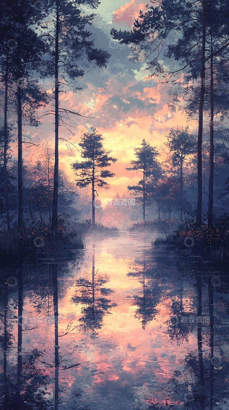 高清大图下载【趣麦麦图】晨雾中的森林湖泊