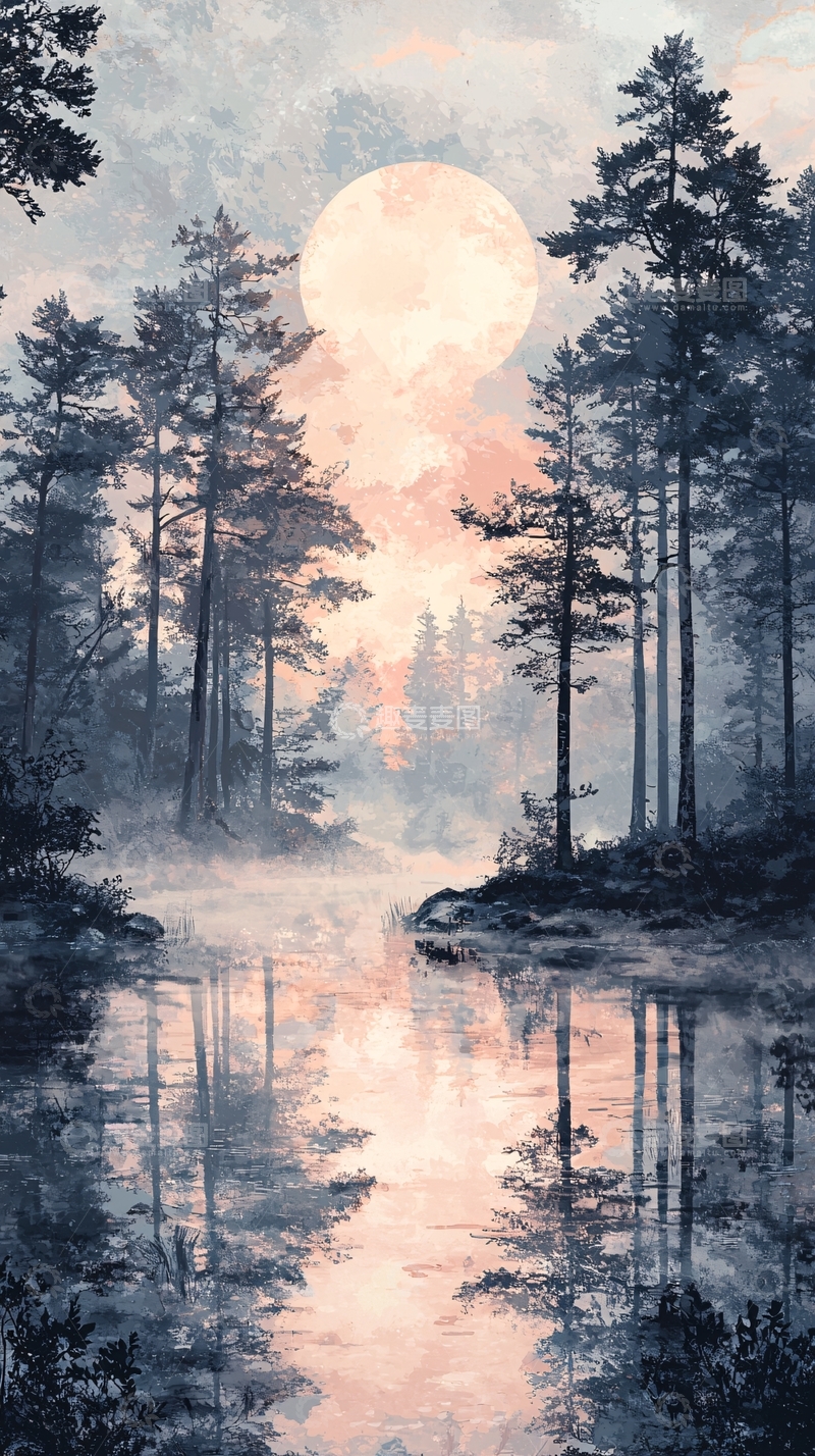 高清大图下载【趣麦麦图】晨雾中的森林湖泊