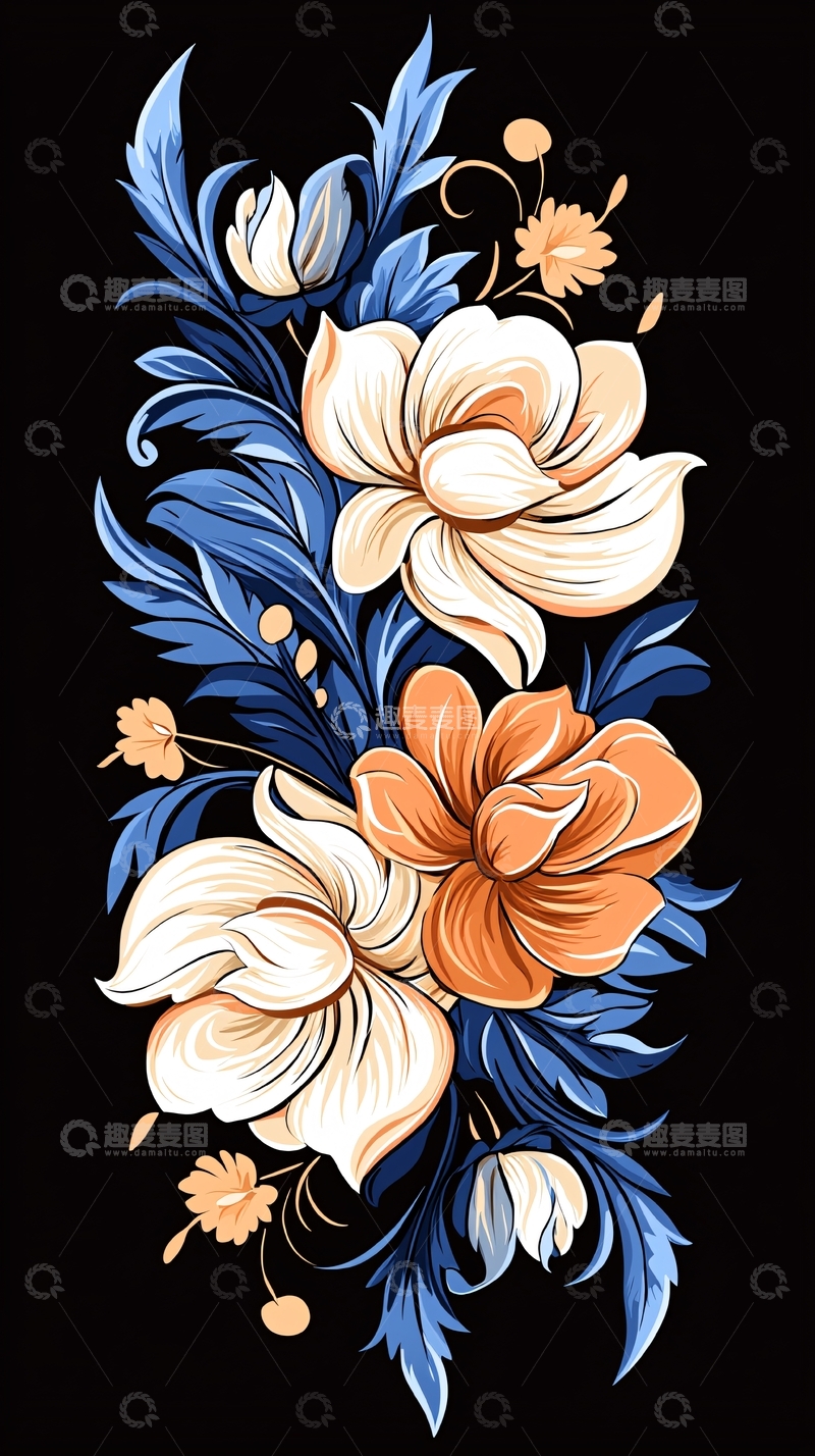 高清大图下载【趣麦麦图】蓝色花卉图案背景素材