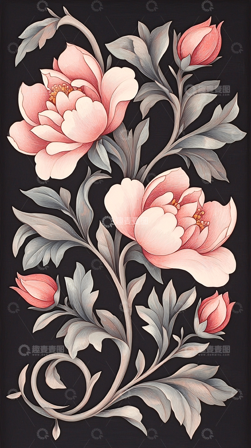 高清大图下载【趣麦麦图】粉红色花朵与灰色叶子的艺术插画
