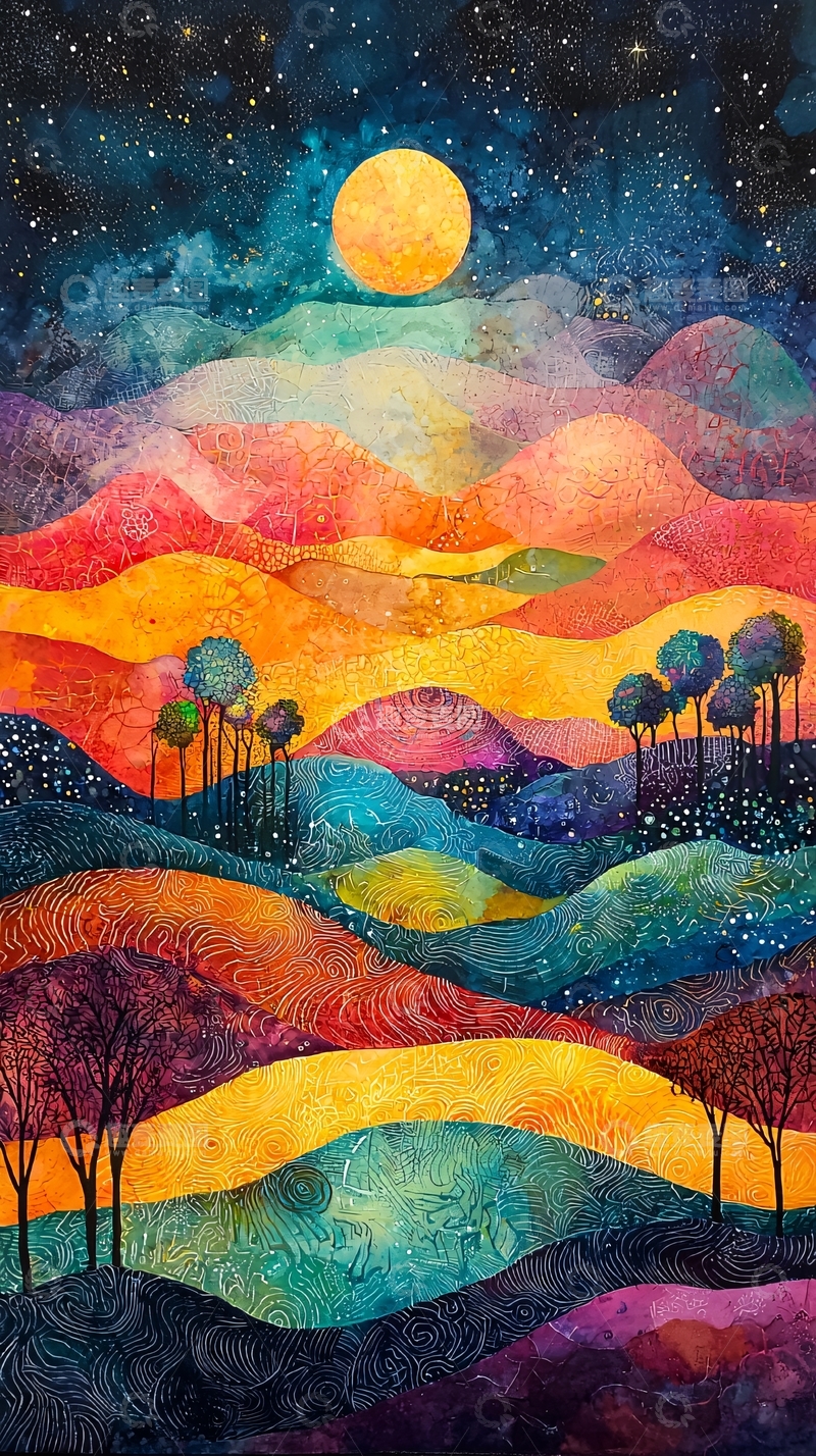 高清大图下载【趣麦麦图】梦幻星空下的彩虹山脉