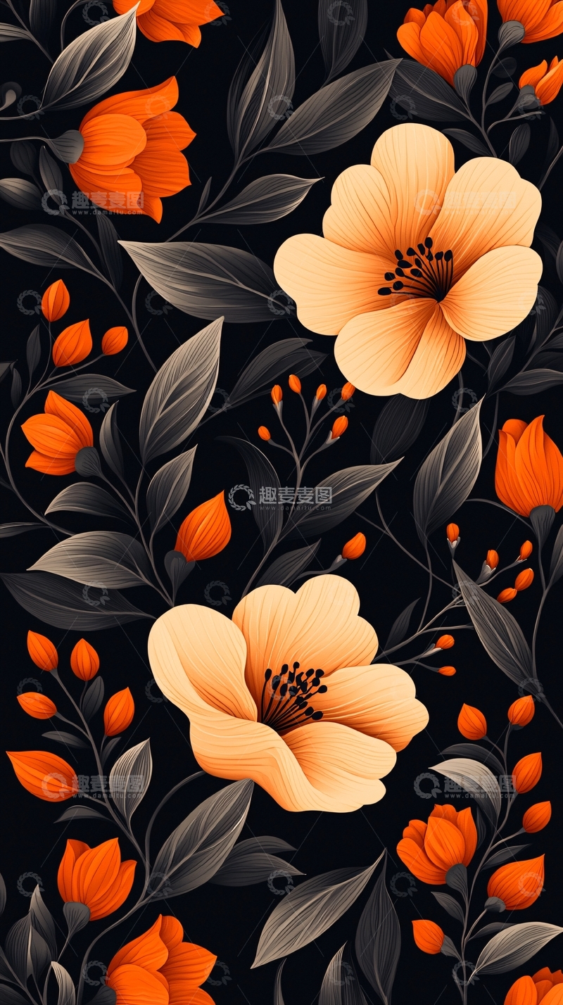 高清大图下载【趣麦麦图】橙色花卉与黑色背景图案设计