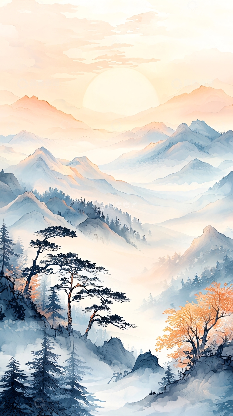 高清大图下载【趣麦麦图】秋日山间晨雾图