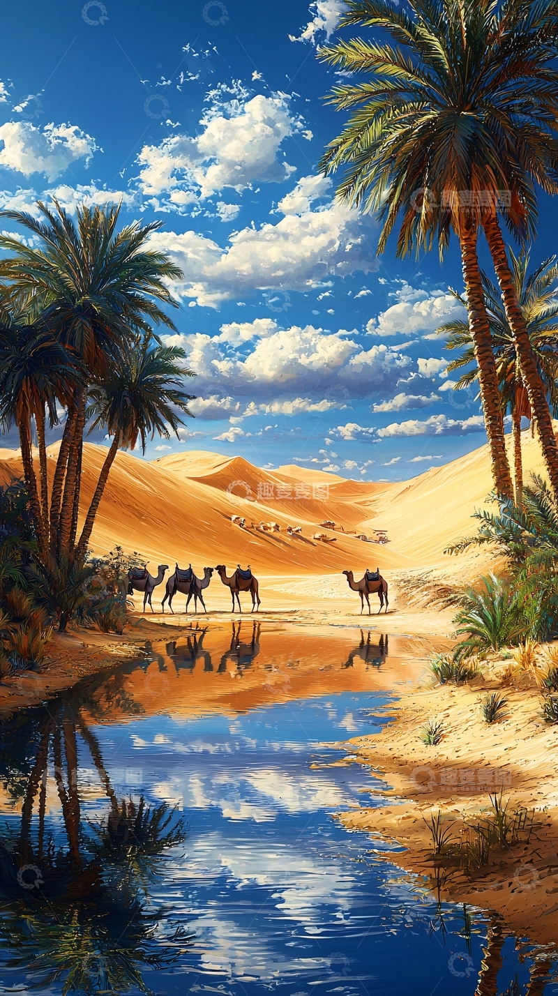 高清大图下载【趣麦麦图】沙漠绿洲与骆驼行进
