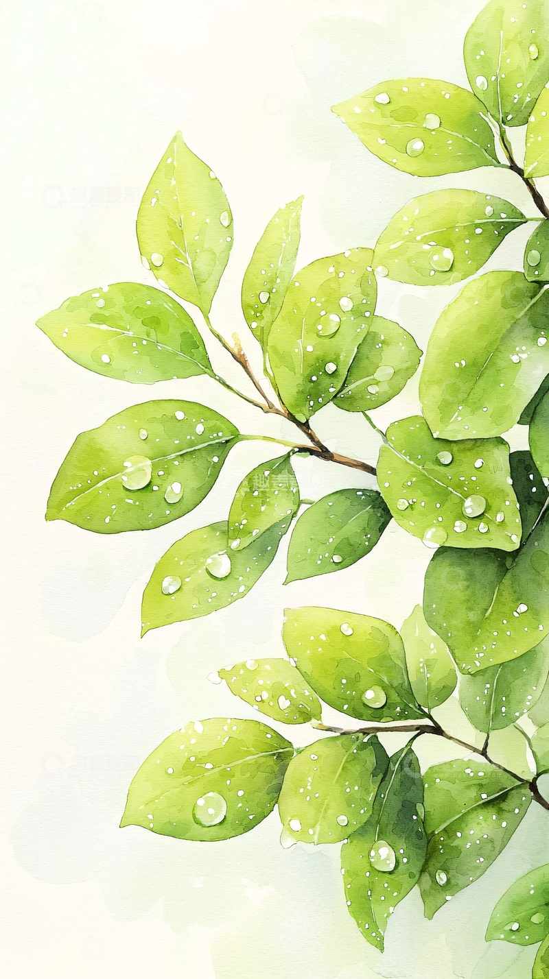 高清大图下载【趣麦麦图】雨后清新绿叶水彩画