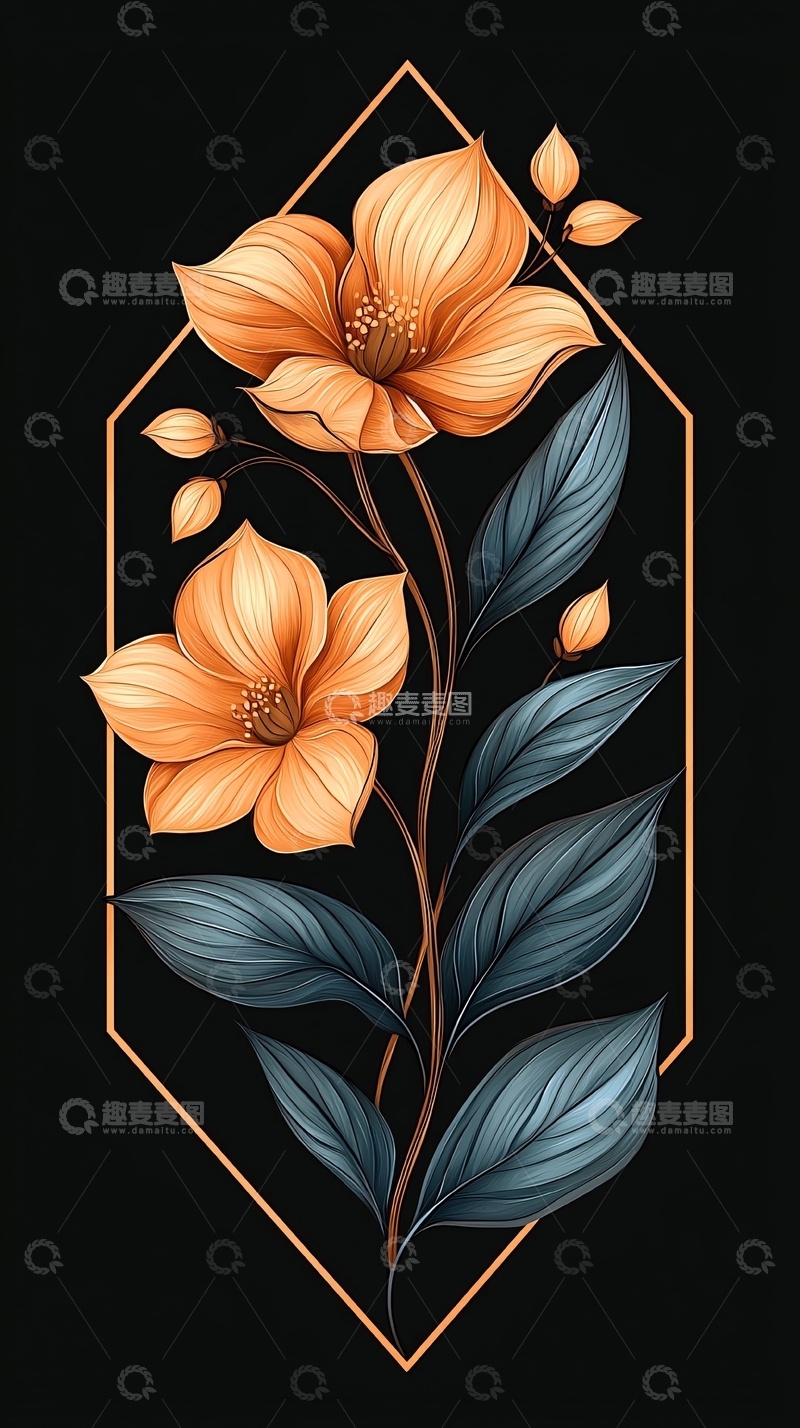 高清大图下载【趣麦麦图】橙色花卉与深蓝叶子装饰图案