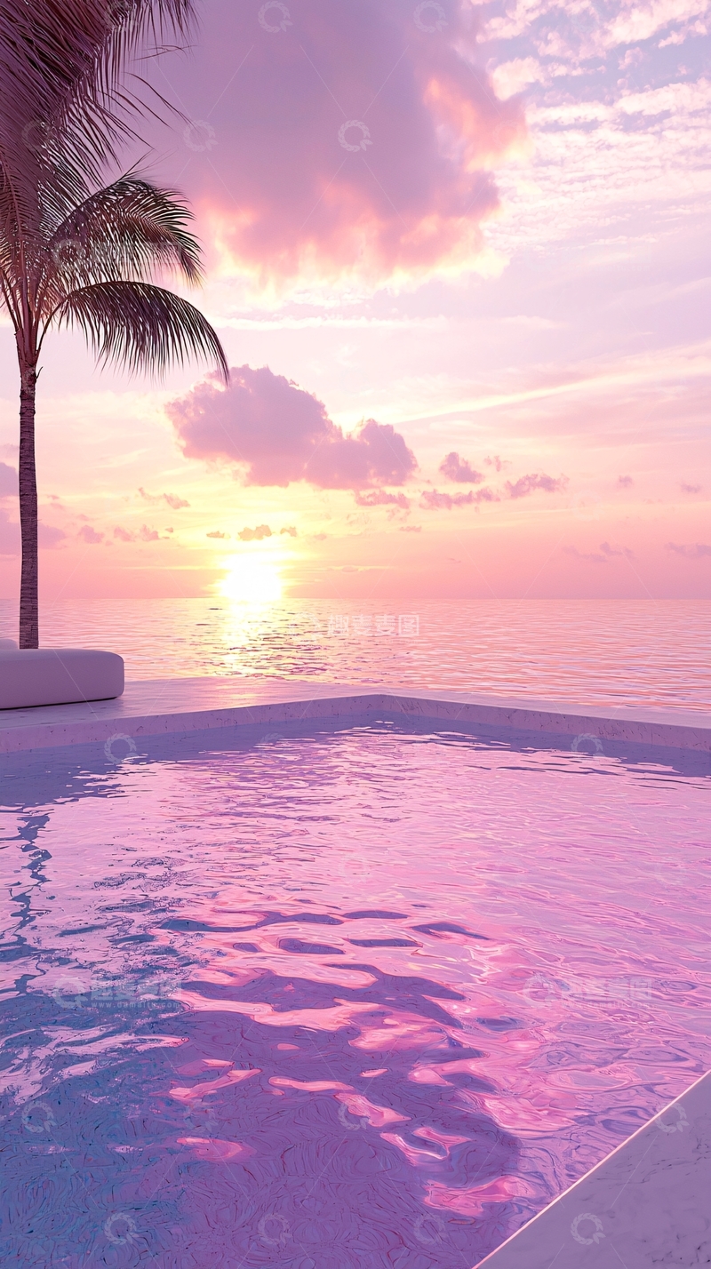 高清大图下载【趣麦麦图】粉色日落海景游泳池