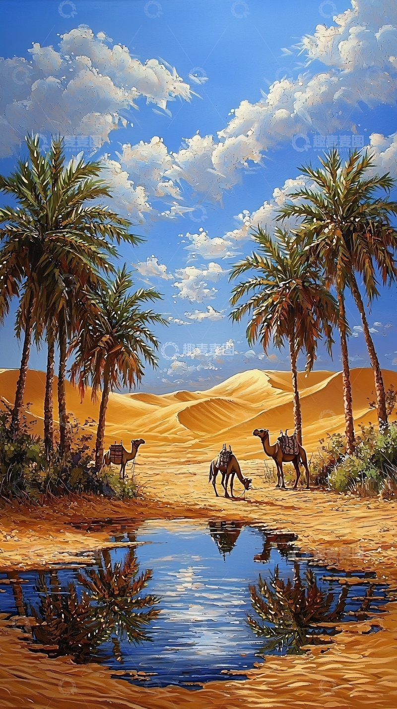 高清大图下载【趣麦麦图】沙漠绿洲与骆驼
