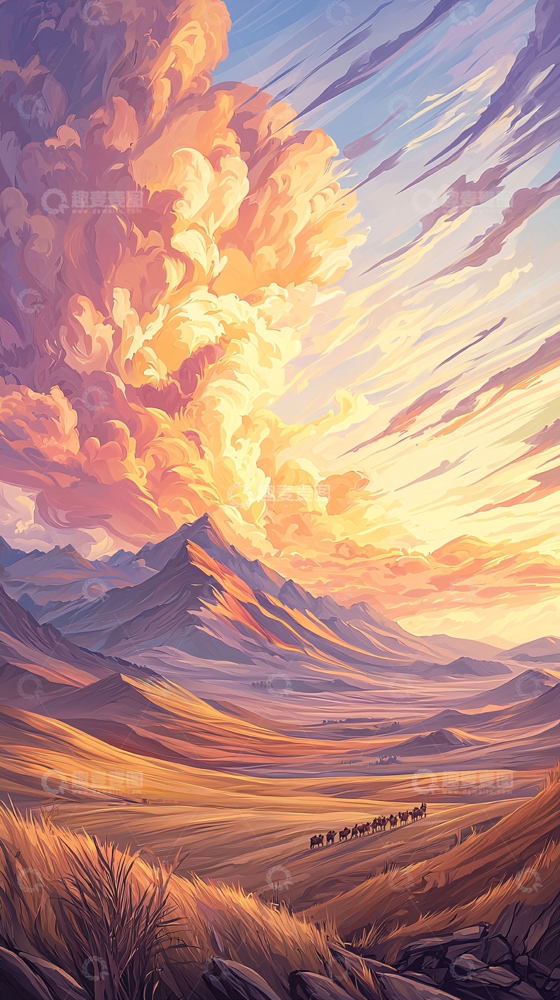 高清大图下载【趣麦麦图】夕阳下的沙漠驼队