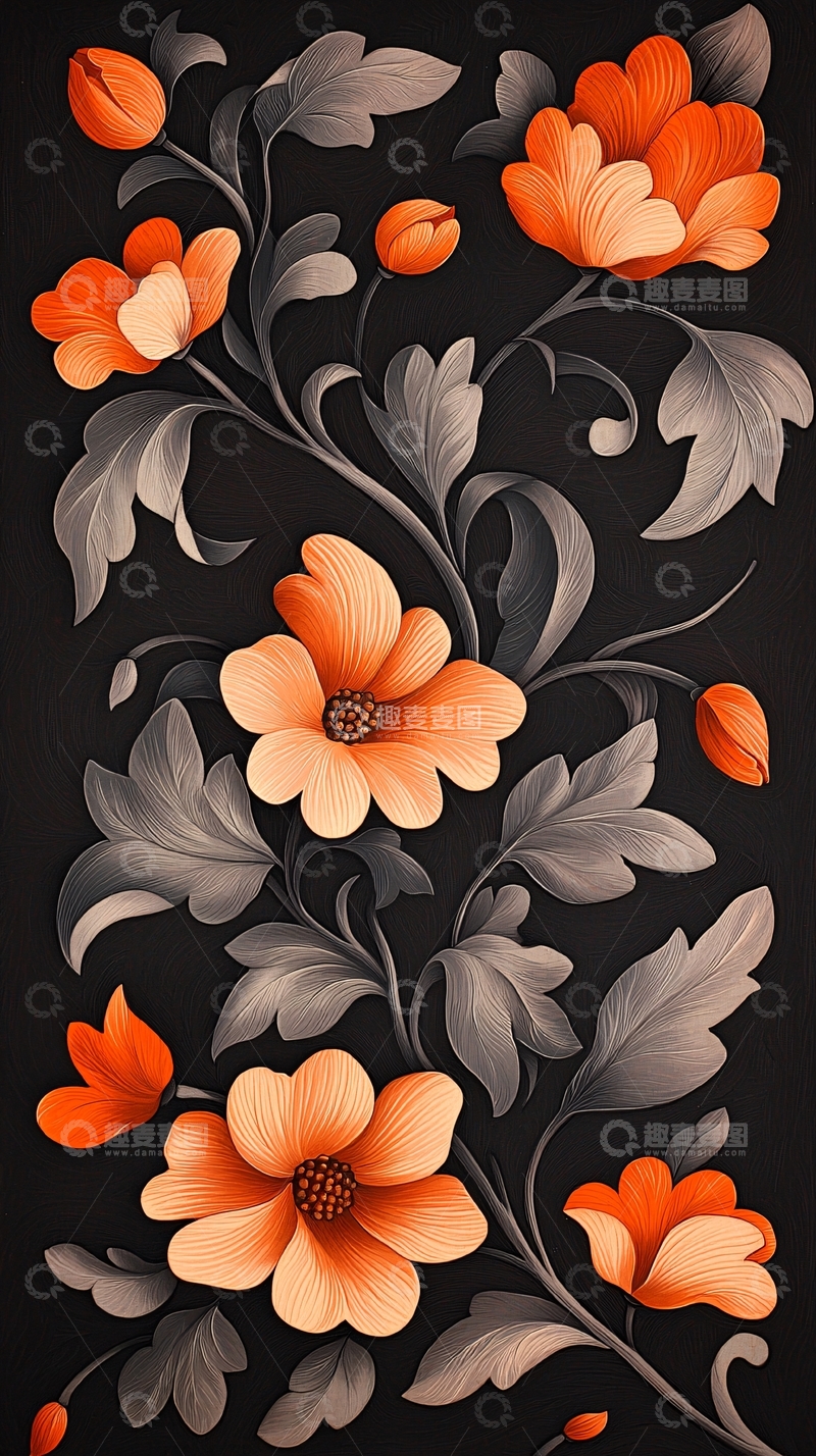 高清大图下载【趣麦麦图】橙色花卉艺术插画背景