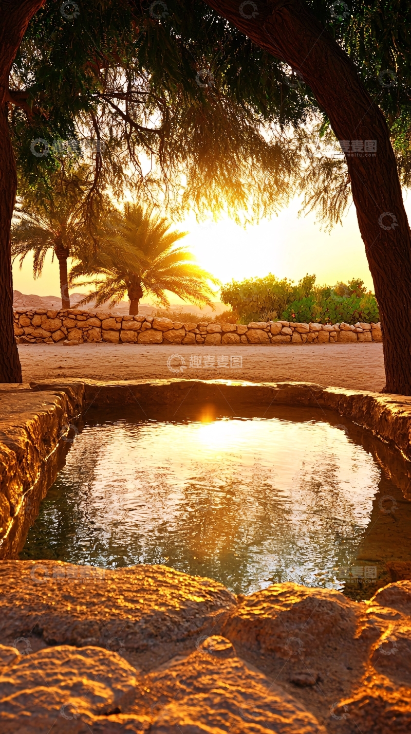 高清大图下载【趣麦麦图】沙漠中的日落水池