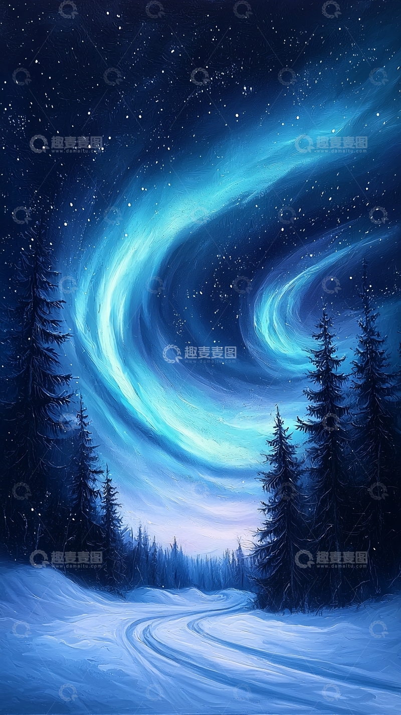 高清大图下载【趣麦麦图】冬夜森林极光风景