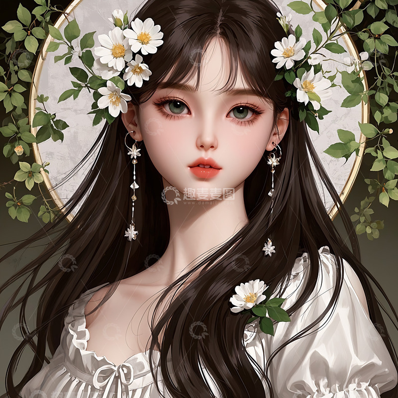 高清大图下载【趣麦麦图】直长发美少女，头发点缀着精致鲜花
