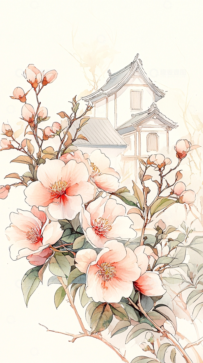 高清大图下载【趣麦麦图】古风建筑与盛开花朵插画