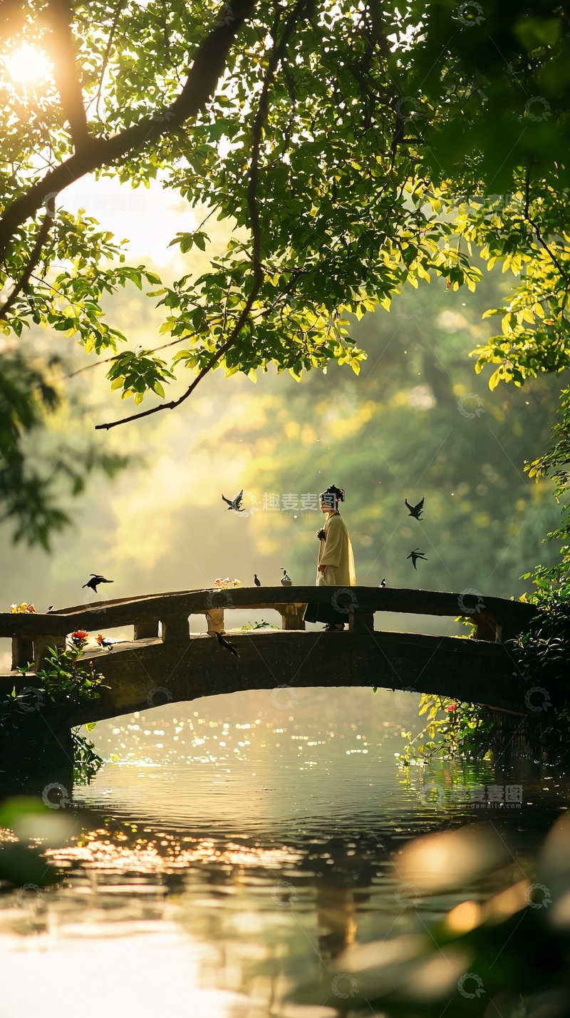 高清大图下载【趣麦麦图】古桥边的女子与飞鸟