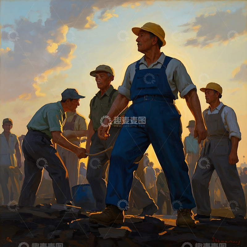 五一劳动节，工人群体在阳光下辛勤劳作