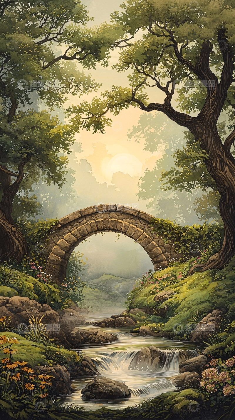 高清大图下载【趣麦麦图】古桥流水夕阳美景