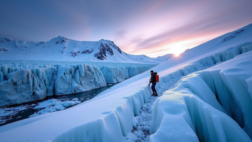 人物站在雪山冰川旁的大自然景观全景1