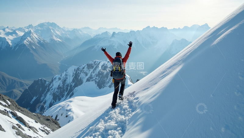 高清大图下载【趣麦麦图】大气简约登山者爬雪山徒步登顶胜利欢呼