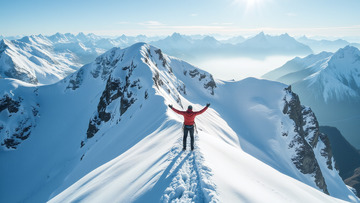 登上雪山山顶的徒步攀登者展翅欢呼