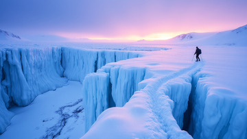 人物站在雪山冰川旁的大自然景观全景