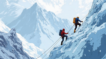 正在爬攀岩雪山的攀登者人物