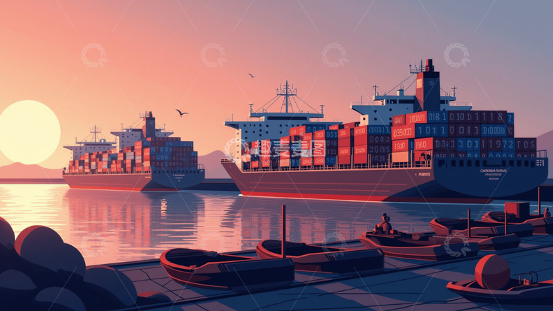 高清大图下载【趣麦麦图】插画矢量风邮轮港口物流交易船只元素2