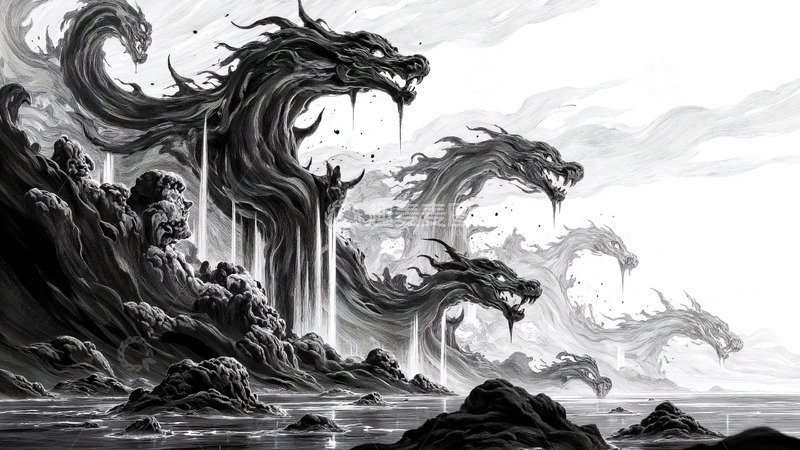 高清大图下载【趣麦麦图】黑白中式水墨龙形态复古意境
