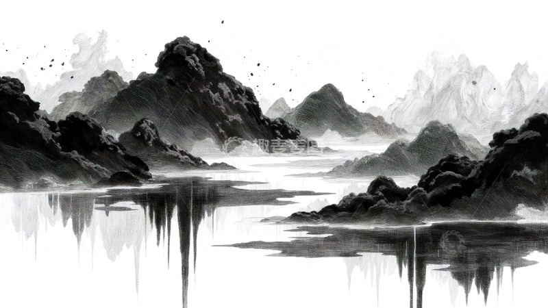 高清大图下载【趣麦麦图】黑白中式水墨山水云雾复古意境