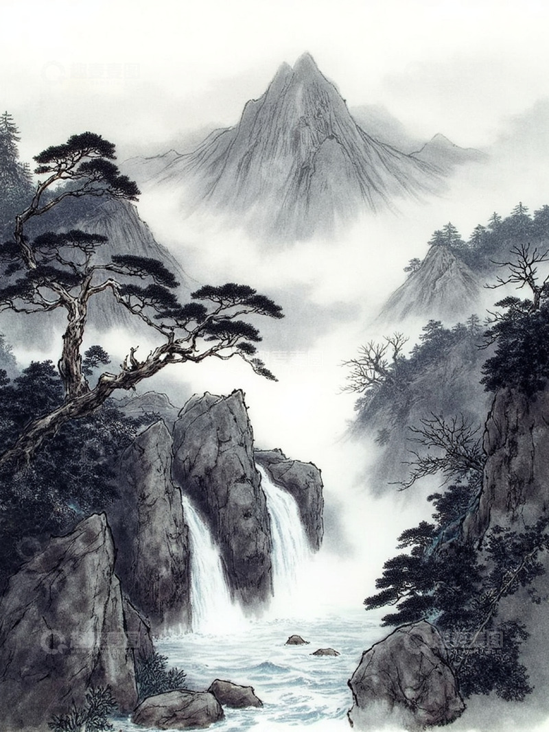 高清大图下载【趣麦麦图】中式黑白水墨山水云雾复古意境