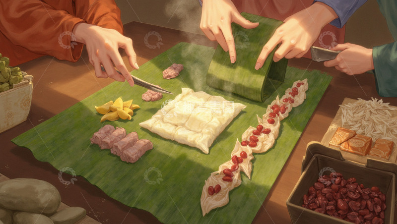 高清大图下载【趣麦麦图】中式插画风传统端午节美食包粽子场景
