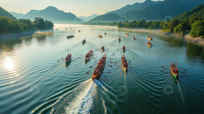 高清大图下载【趣麦麦图】端午节传统赛龙舟比赛赛事远景全景