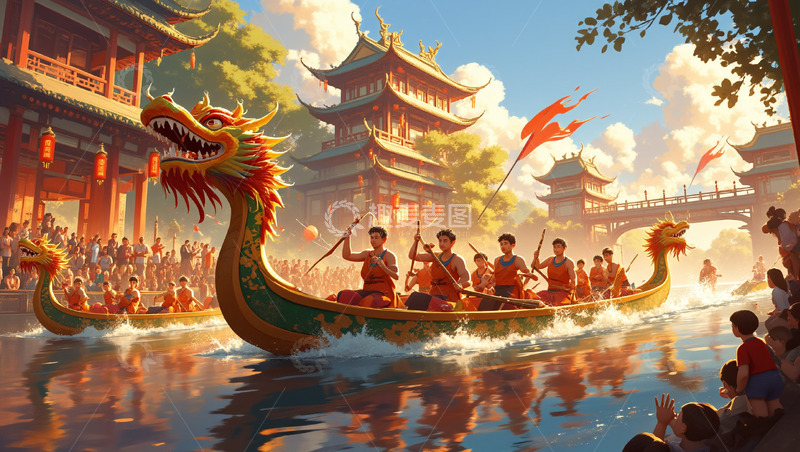 高清大图下载【趣麦麦图】插画风国潮传统端午节赛龙舟喜庆元素