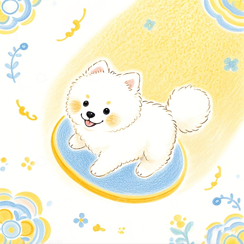 高清大图下载【趣麦麦图】Q版卡通手绘彩铅插画小白狗