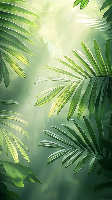 热带雨林光影下的绿色植物
