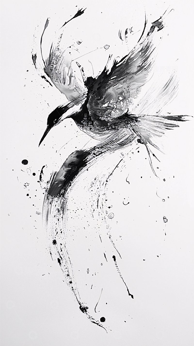 高清大图下载【趣麦麦图】抽象飞鸟水墨画艺术作品