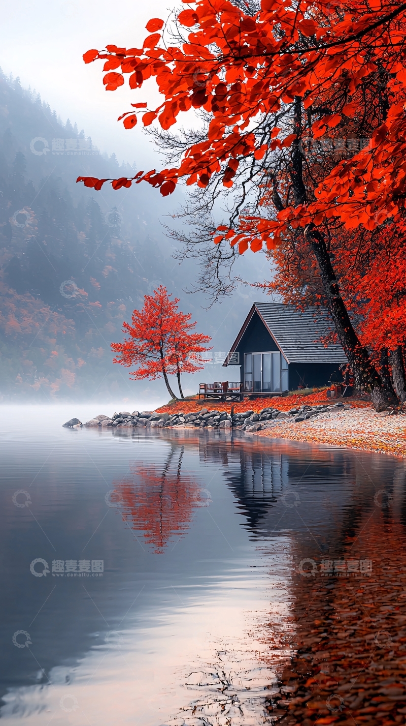 高清大图下载【趣麦麦图】秋日湖畔小屋风景