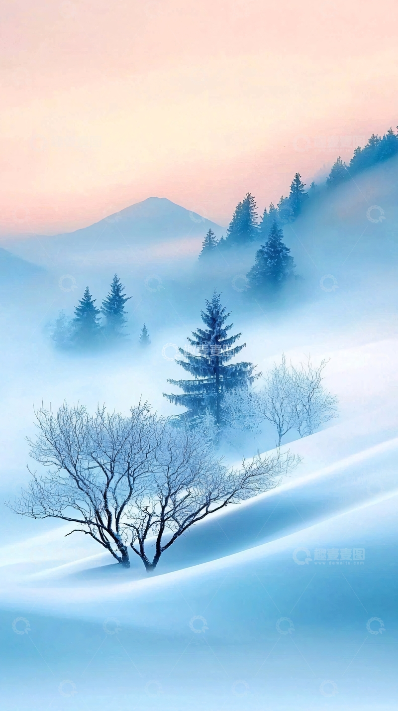 高清大图下载【趣麦麦图】冬日雪景中的孤独树