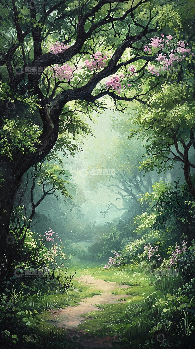 高清大图下载【趣麦麦图】森林小径与粉色花朵