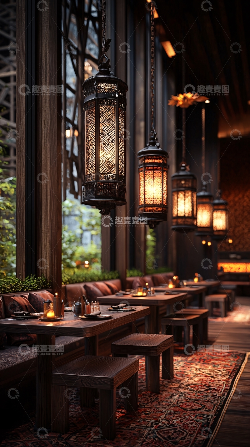 高清大图下载【趣麦麦图】复古灯笼餐厅室内设计
