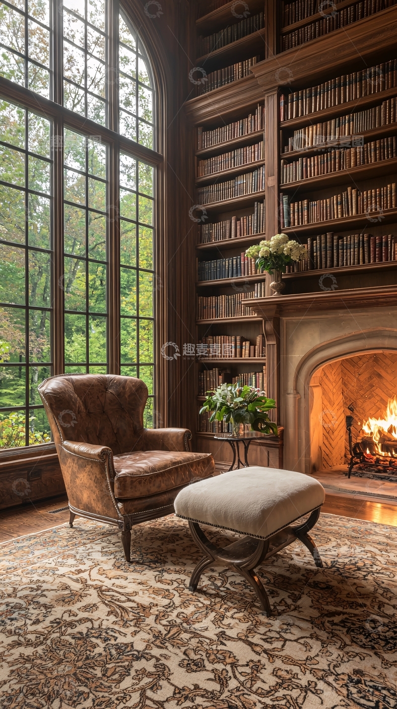 高清大图下载【趣麦麦图】古典书房与温暖壁炉