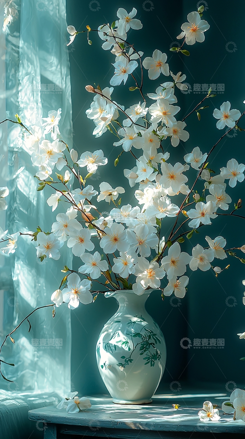 高清大图下载【趣麦麦图】白色樱花与青花瓷瓶