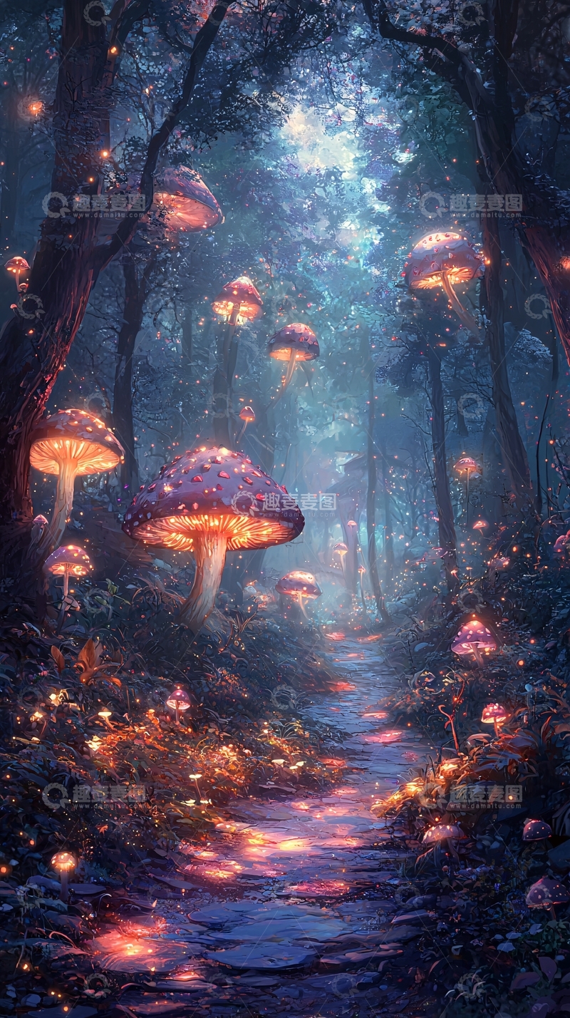 高清大图下载【趣麦麦图】梦幻森林中的发光蘑菇