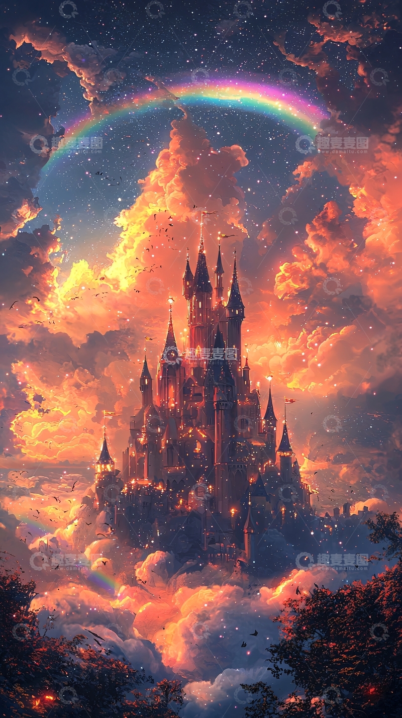 高清大图下载【趣麦麦图】梦幻城堡彩虹夜景