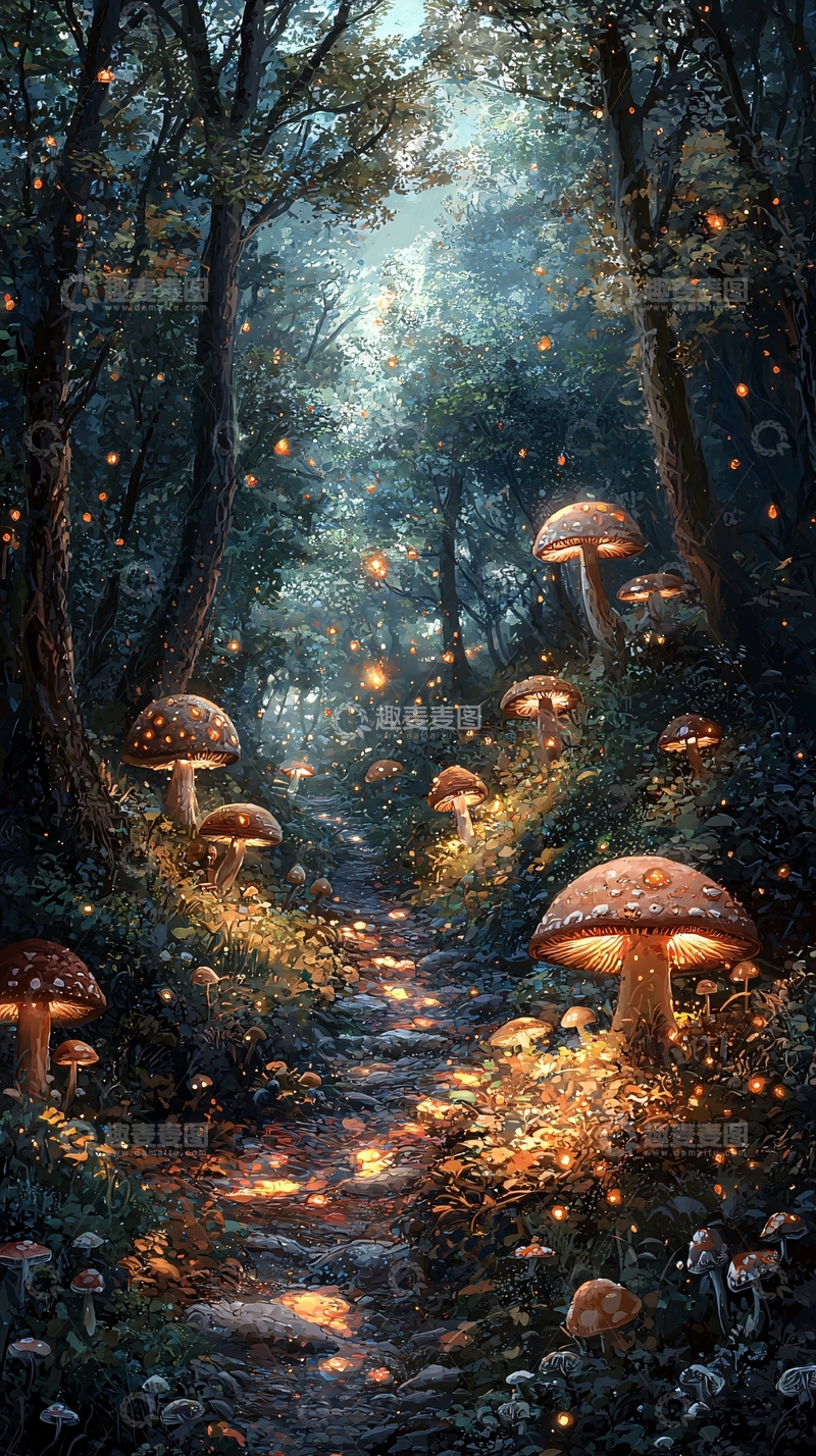 高清大图下载【趣麦麦图】梦幻森林中的发光蘑菇小径