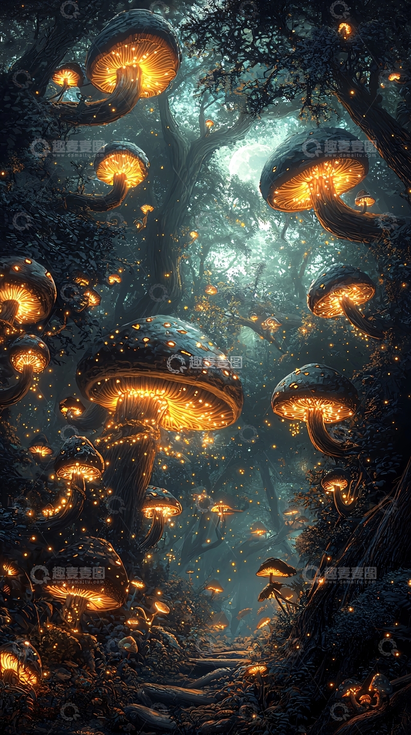 高清大图下载【趣麦麦图】奇幻森林中的发光蘑菇